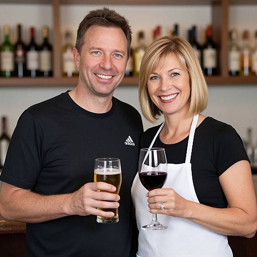 Photograph of a smiling middle-aged Caucasian couple holding drinks, man in black shirt, woman in black shirt and white apron, against a blurred bar