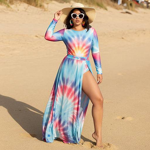 Photograph of a woman with curly black hair, wearing a wide-brimmed straw hat, tie-dye long-sleeve dress, and white