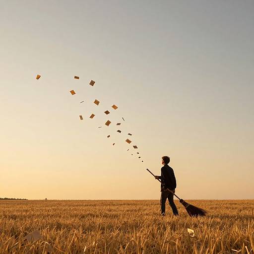 Solitary Figure with Memory Broom at Twilight