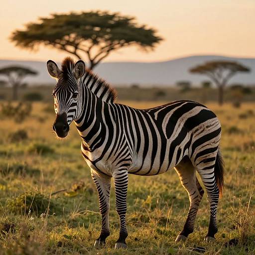Photograph of a zebra with striking black and white stripes standing in a sunlit savanna, with acacia trees in the background at sunset.