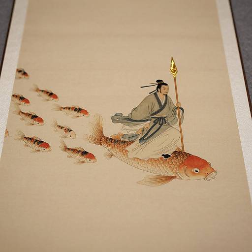 Traditional Japanese ink painting of a samurai in gray robes riding a large red koi fish, holding a golden spear, with smaller koi following.