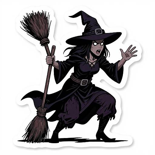 Digital drawing of a fierce, black-cloaked witch with glowing eyes, wide mouth, and pointed hat, holding a broom, crouching