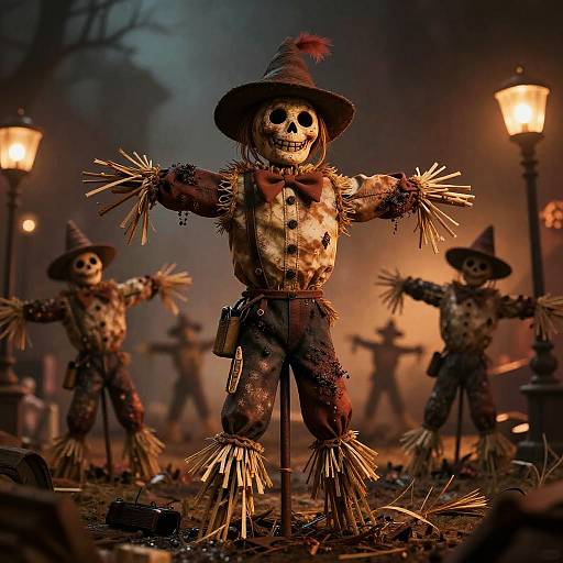 Photograph of eerie, ragged scarecrow dolls with straw arms and hats, standing in a dimly lit graveyard at night with glowing lamppost