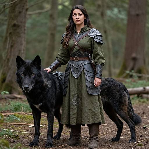 Photograph of a dark-haired woman in medieval armor and green tunic, standing in a forest, petting a large black wolf.