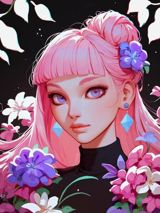 Enchanting Girl with Pink Hair and Flowers