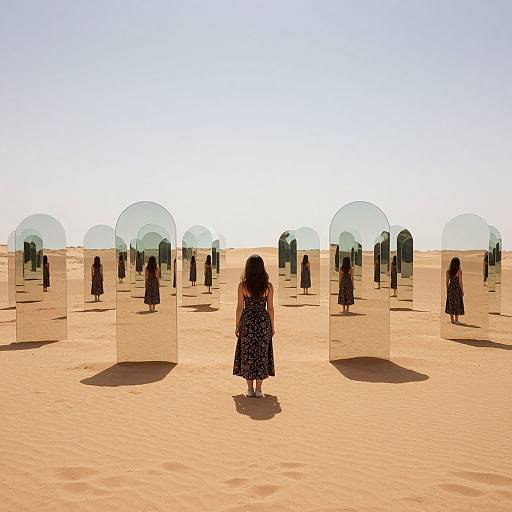 Photograph of a woman with long dark hair in a black dress, standing in a desert, facing multiple transparent mirrors reflecting her image. Bright, clear