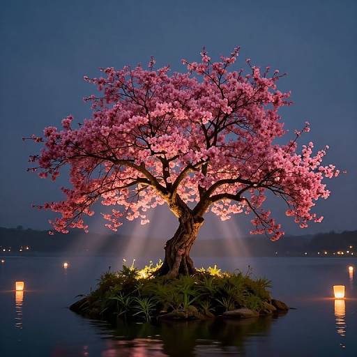 Photograph of a glowing cherry blossom tree on an island, illuminated by lanterns and spotlight, with a dark blue night sky background.