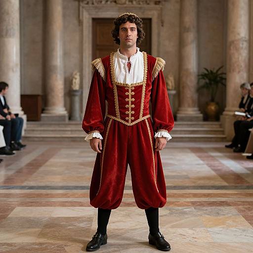 Photograph of a young man with curly black hair, wearing a red velvet 18th-century military-style outfit with gold trim, standing in a grand