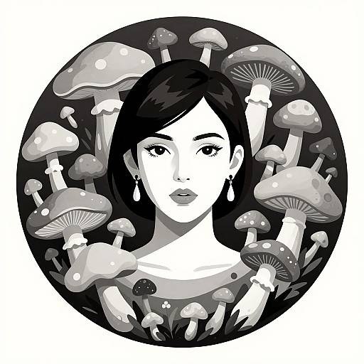 Monochrome Woman with Mushroom Motif
