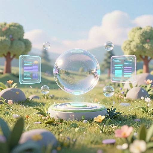 Serene Nature Scene with Floating AI Data Orbs