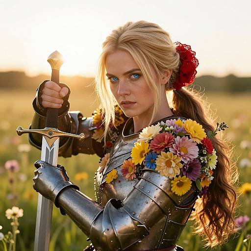 Photograph of a determined blonde woman in shiny silver armor adorned with colorful flowers, holding a sword, standing in a sunlit field.