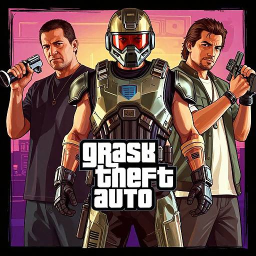 Digital artwork of three men: one in futuristic armor, two in black shirts holding guns, against a neon gradient background with 