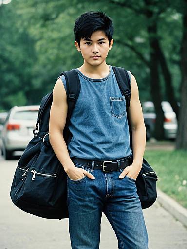Realistic Male in Sleeveless Denim Outfit