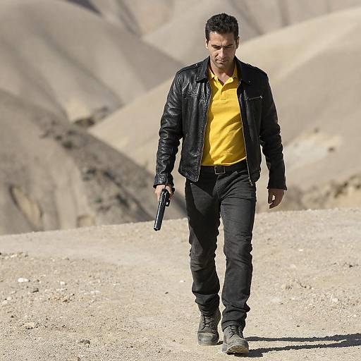 Leather-Jacket Man in Sunlit Rocky Wasteland