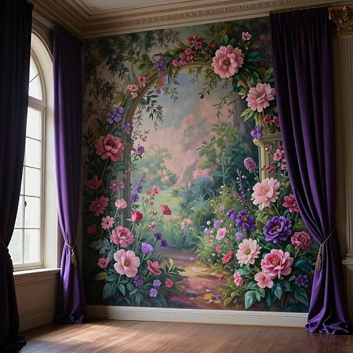 Photograph of an ornate room with vibrant, detailed floral mural, framed by purple drapes, and sunlight streaming from a tall window.