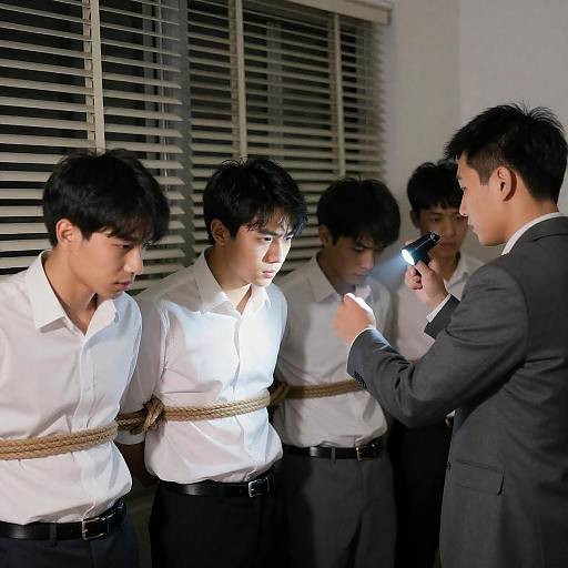 Man in Suit Interrogating Tied Men with Flashlight