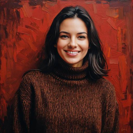 Smiling Woman in Brown Turtleneck with Oil Painting Effect