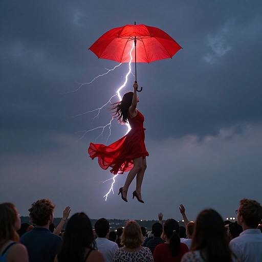 Photograph of a woman in a red dress and black heels, holding a glowing red umbrella with lightning bolts, levitating above a crowd at dusk,