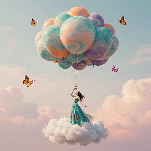 Dreamy digital art: Girl in flowing turquoise dress floats on cloud, lifting colorful swirl-patterned balloons, surrounded by orange and purple butterflies against a past