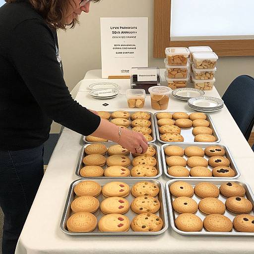 Photograph of a woman in a black shirt serving assorted oatmeal cookies with raisins and chocolate chips from a white table.