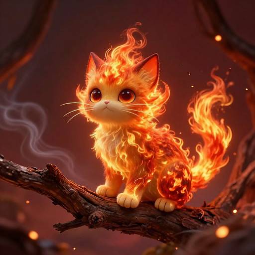 Digital artwork of a cute, fiery orange cat with large, sparkling eyes and fluffy, flame-like fur sitting on a charred branch.
