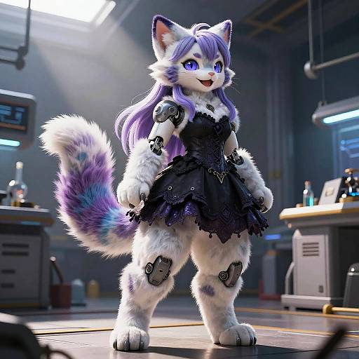 Digitally-rendered anthropomorphic white and purple fox with blue eyes, wearing a black lace dress, standing in a brightly lit industrial workshop.