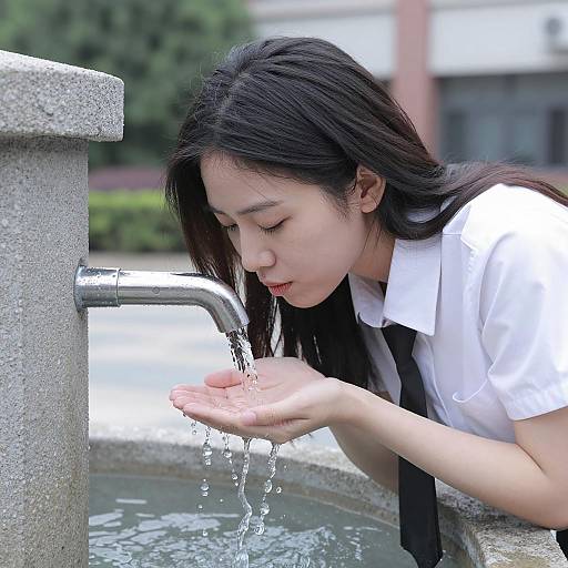 Asian Woman Drinking Water from Outdoor Fountain
