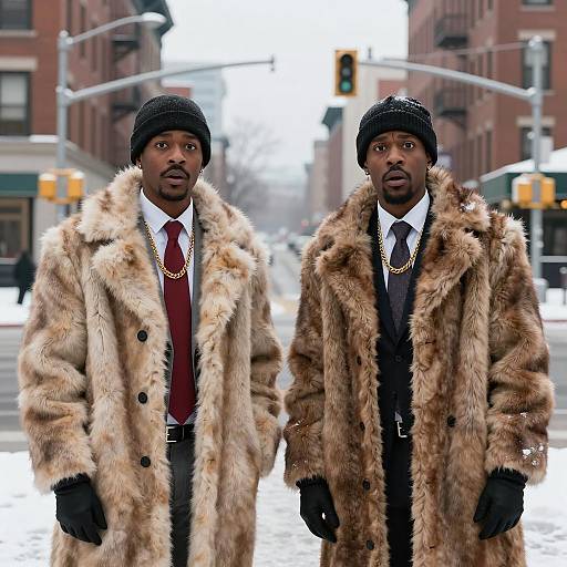 Stylish Duo in a Snowy Urban Scene