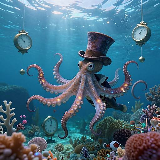 Photograph of a whimsical underwater scene featuring a pink octopus wearing a top hat, surrounded by floating pocket watches and colorful coral reefs.