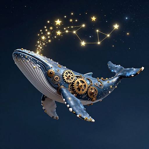 Digital illustration of a blue whale adorned with golden gears, surrounded by a constellation of stars against a deep blue night sky. The whale's fins and tail