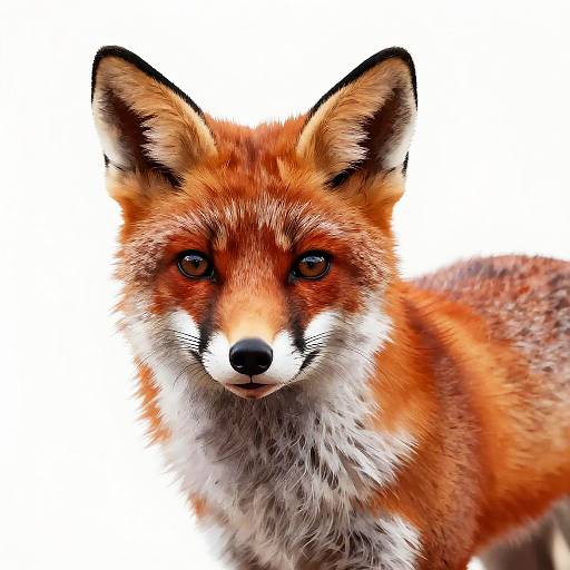 Photograph of a close-up red fox with vibrant orange fur, white chest, and black-tipped ears, set against a stark white background.