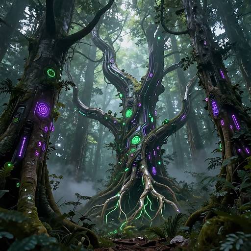 Digital fantasy artwork of a mystical forest with glowing purple and green bioluminescent symbols on twisted, ancient trees. Dense foliage and mist create a magical