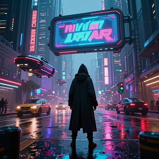 Surreal Cyberpunk Cityscape with Hooded Figure