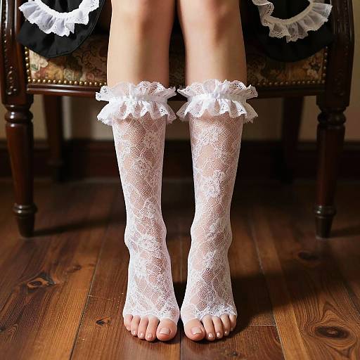 Photograph of a child's feet wearing white lace ankle socks with frilled edges, standing on wooden floor in front of an ornate chair.