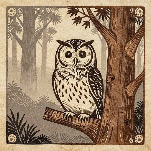 Woodcut Print Barred Owl in Cedar Grove