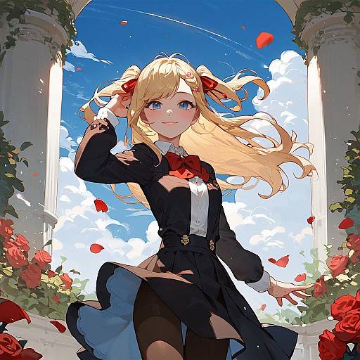 Blonde Twin-Tail Girl in Rose Garden