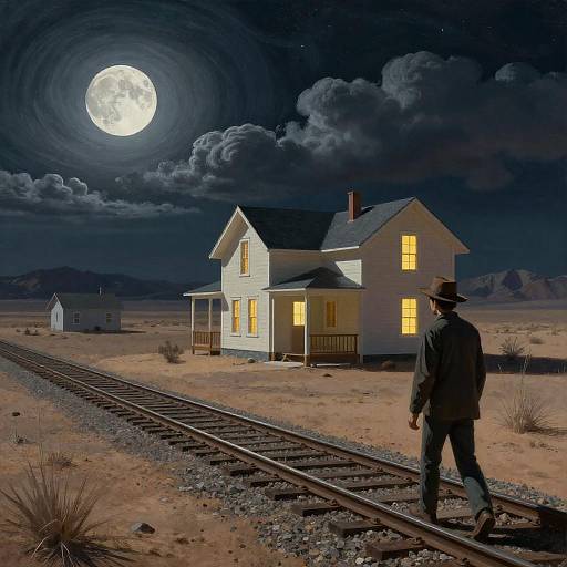 Surreal Desert Nightscape with Man and House