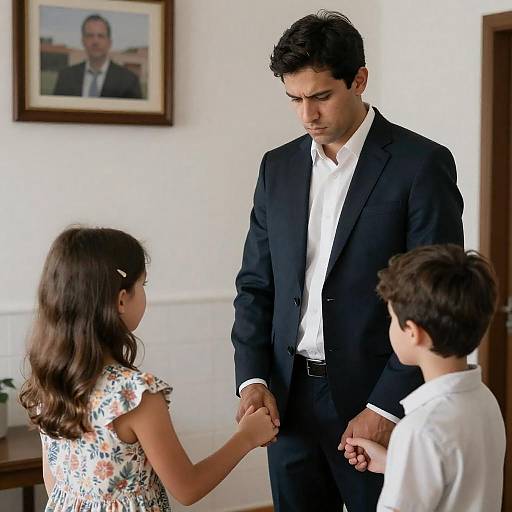 Solemn Man Holding Children's Hands