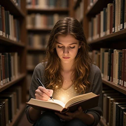 Photograph of a young woman with long brown hair, wearing a grey sweater, sitting in a dimly lit library, reading an open book with a