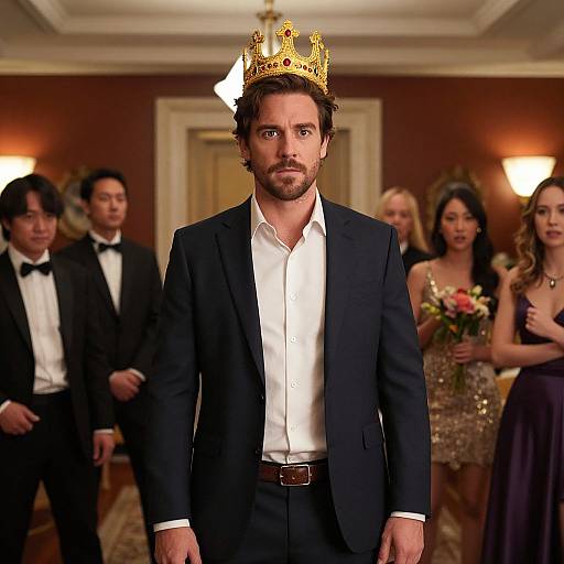 Photograph of a handsome, bearded man in a black suit and white shirt wearing a golden crown, standing in a luxurious, warmly-lit room