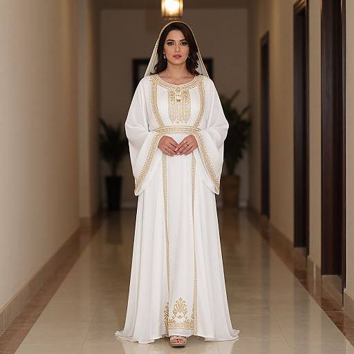 Photograph of a South Asian woman in a white traditional long dress with gold embroidery, standing in a beige hallway.
