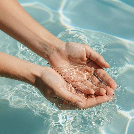 Hands Holding Water in Sunlit Pool