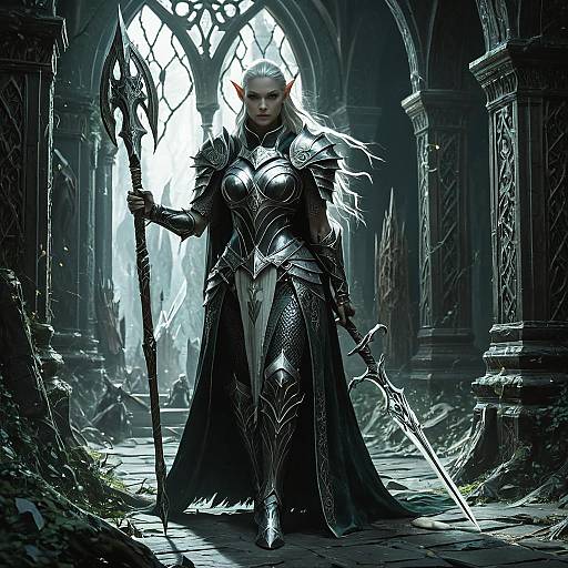 Elven Warrior in Dark Gothic Hall