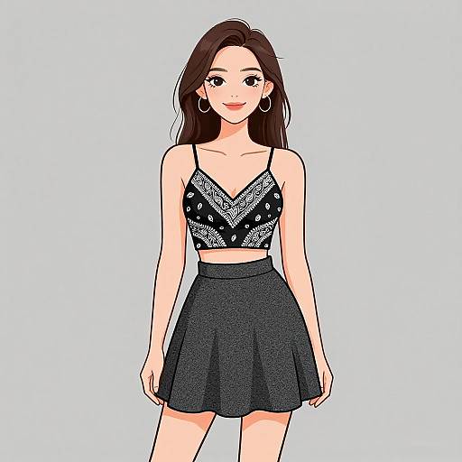 Digital anime-style drawing of a smiling young woman with long brown hair, wearing a black patterned crop top and black skirt, standing against a light blue