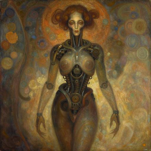 Digital painting of a robotic woman with exposed breasts, metallic body parts, and swirling abstract background in warm, dark colors.