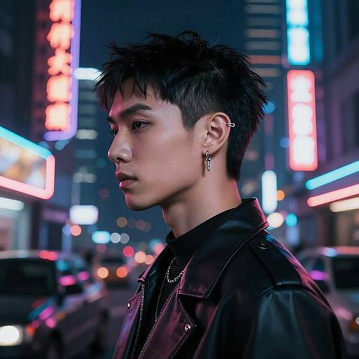 Photograph of an Asian man with spiky black hair, black leather jacket, and cross earrings, standing in a neon-lit, bustling city street