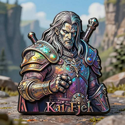 Digital illustration of a bearded, armored warrior with long silver hair, holding a sword, standing in a mountainous landscape, labeled 