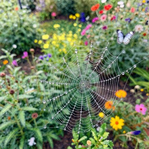 Photograph of a delicate spiderweb with dewdrops, centered in a vibrant, colorful garden filled with blooming flowers and a white butterfly.