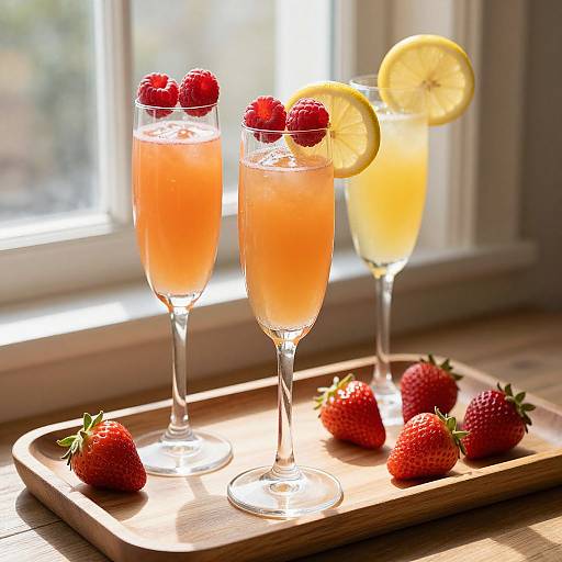 Photograph of three tall glasses with pink-orange drinks, garnished with strawberries and lemon slices, on a wooden tray with additional strawberries, set in sun