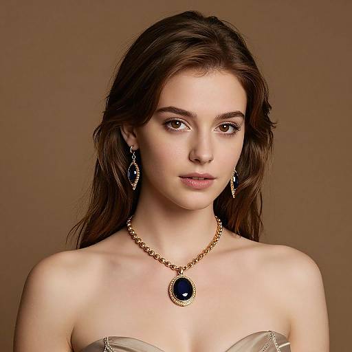 Photograph of a fair-skinned woman with brown hair, wearing a strapless beige gown, black gemstone necklace, and matching earrings, set against